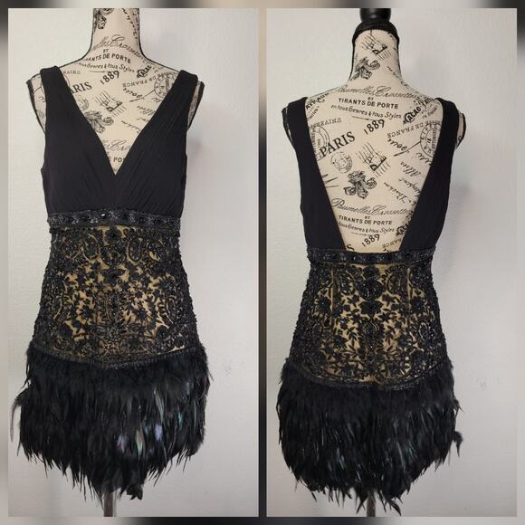 Sue Wong Nocturne Dress Beaded-Lace Silk Blend Size 8 Ostrich Feather Black Line